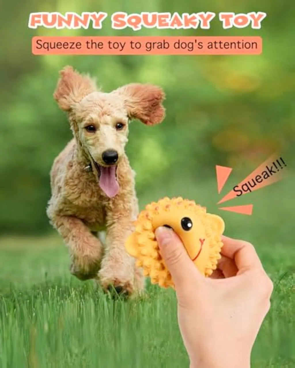 Orange and yellow latex squeaky dog toy with spiky texture, shaped like an animal.