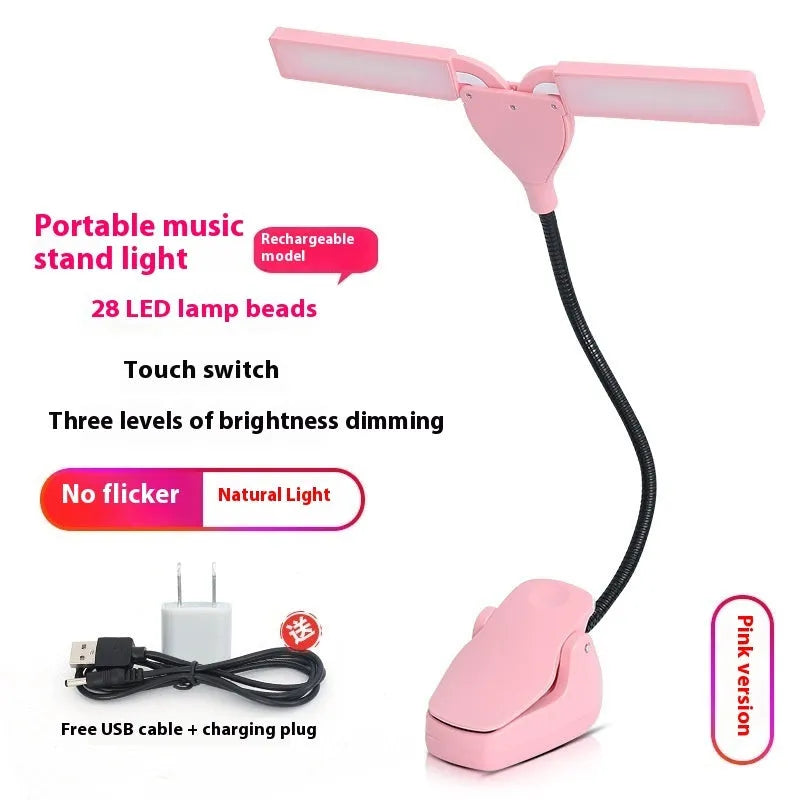 Black rechargeable music stand lamp with 28 LED lights on a metal music stand.