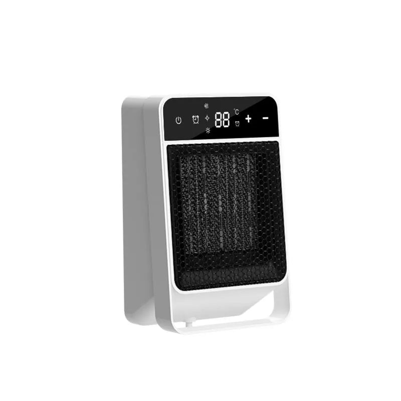 Black desktop warm air blower heater with touch screen digital display and remote control on a wooden desk.