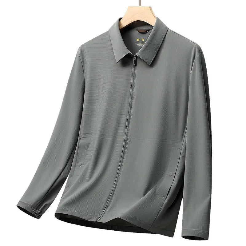 Men's navy blue lapel-collar business shirt for summer, made from nylon and spandex ice silk fabric.
