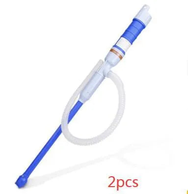 Blue manual hand siphon pump for transferring fuel and oil to small engines.