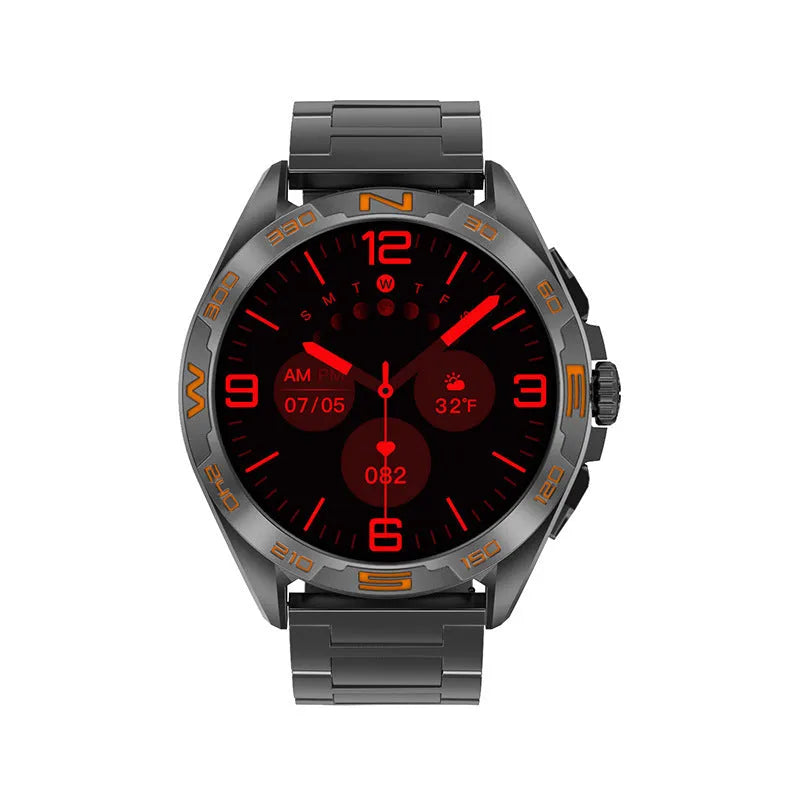 Black smart watch on a man's wrist showing health stats and WhatsApp notification on its IPS touch screen.