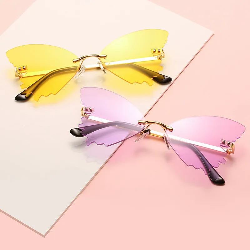 Butterfly rimless sunglasses in vintage style with UV400 protection and plastic metal frame