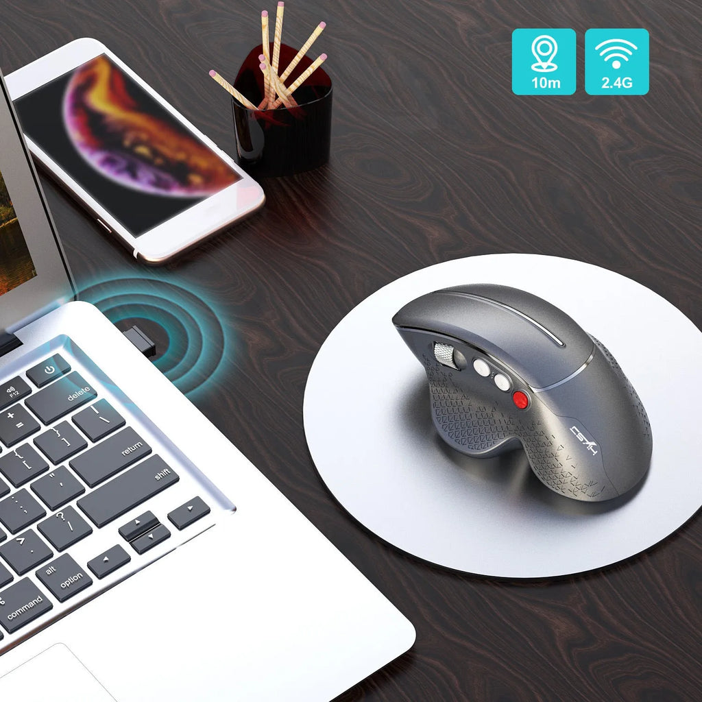 T32 vertical ergonomic wireless mouse in black matte finish showing side grip and aluminium roller.