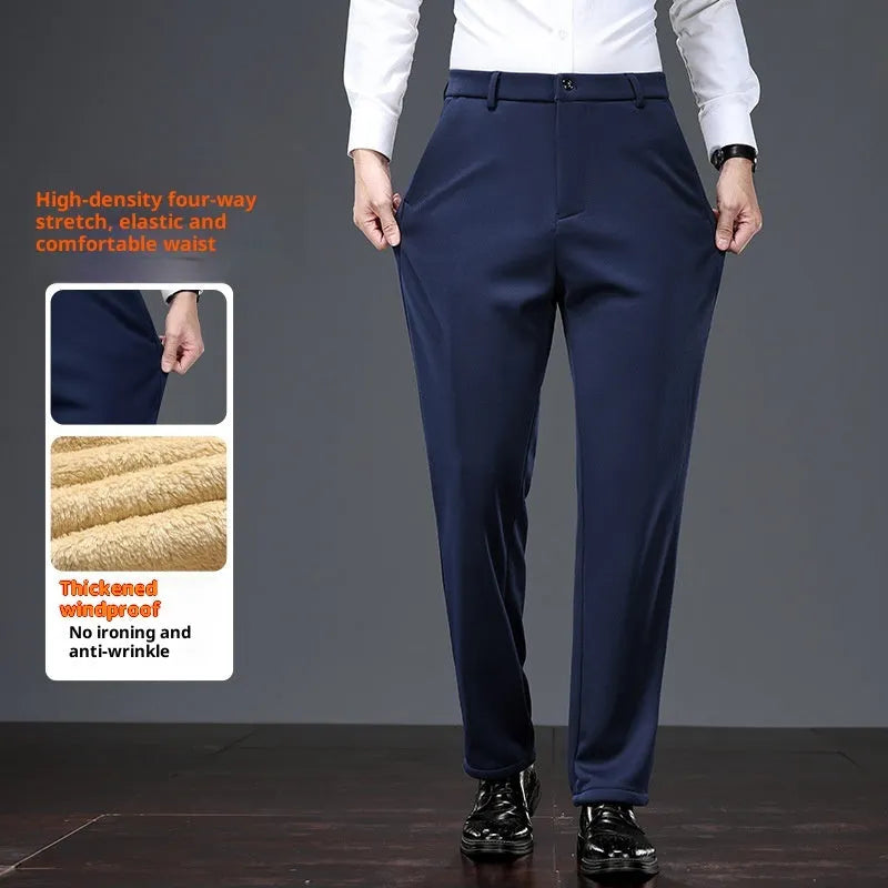 Thermal casual pants for elderly men in lamb wool black with rope closure and elastic waistband
