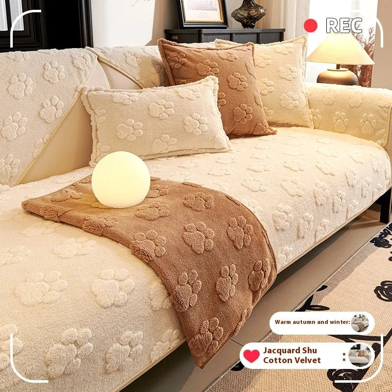 Thickened fleece non-slip sofa cushion in plush solid colour, available in beige, grey, khaki, and pink