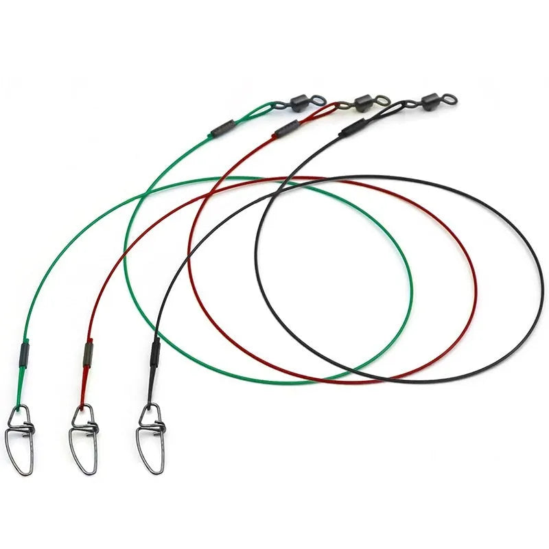 Green, black, and red steel wire fishing tackle accessories with double buckle pins, each 54cm long.