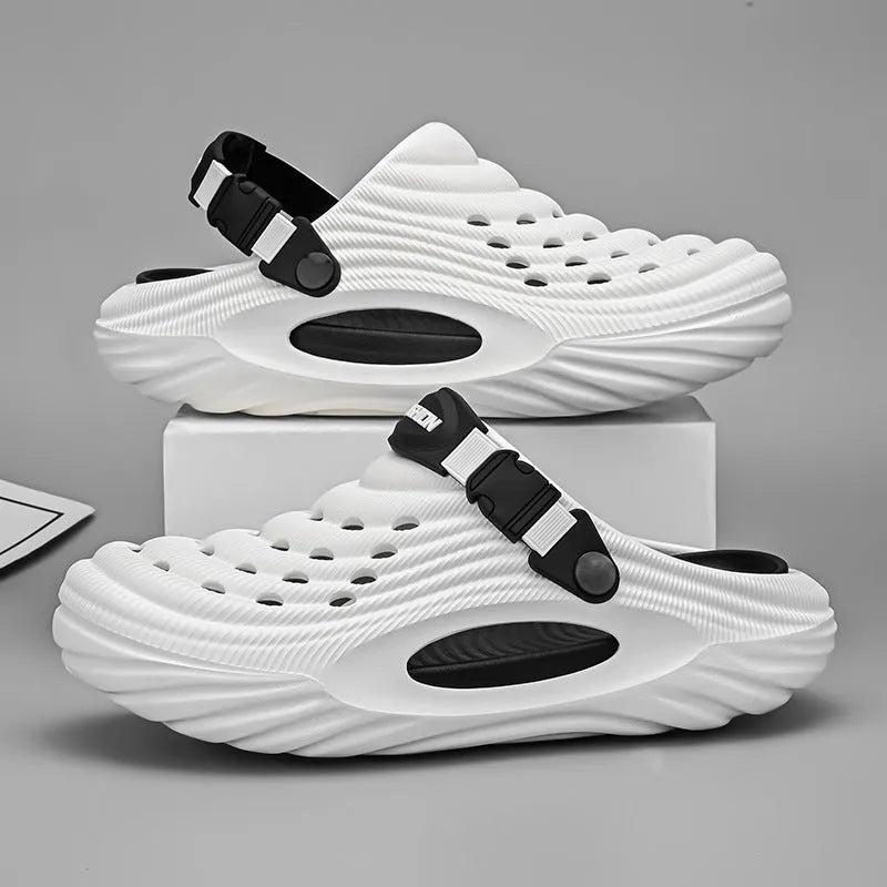 Men's casual platform slippers in white, black, or light green with hollow out EVA upper and slip-on design.
