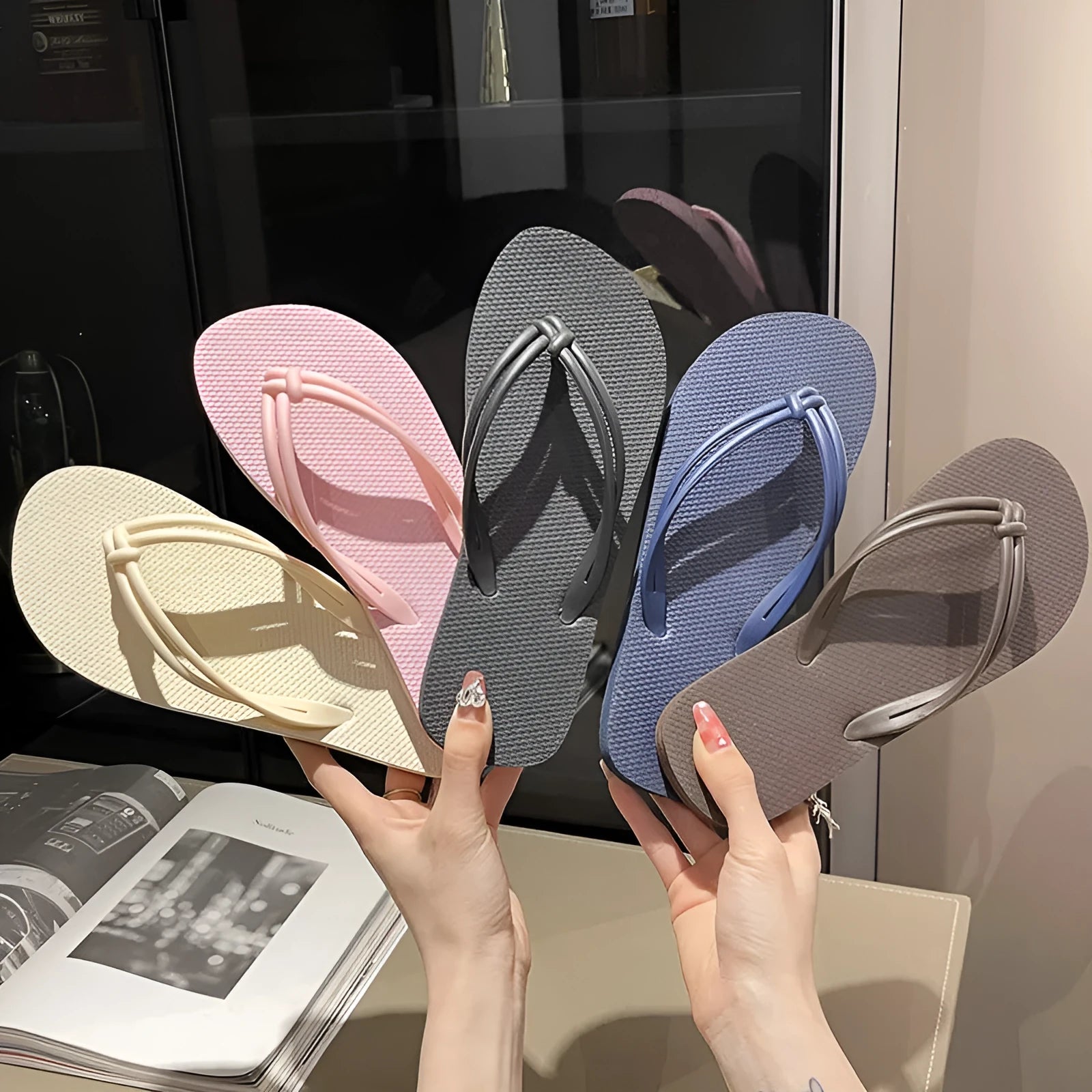 PVC casual flip flops with toe-covering design and injection moulded non-slip soles