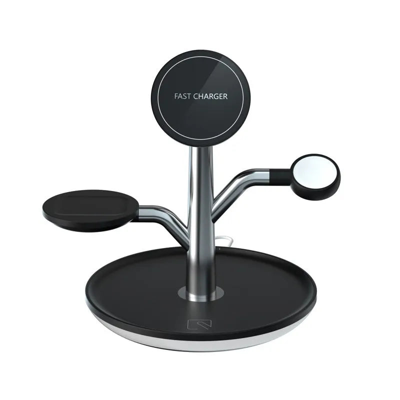 Black ABS+PC three-in-one magnetic suction wireless charger bracket with 15W output and USB interface for mobile phones