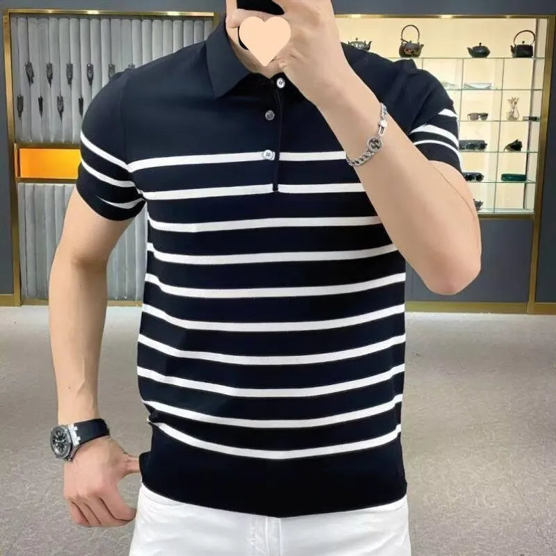 Black and white striped men's knitted T-shirt with a lapel collar, laid flat.