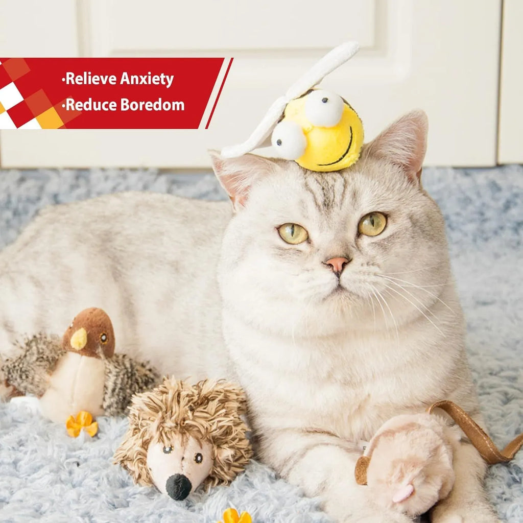 Yellow bee-shaped flannelette cat toy that chirps when touched, for indoor play.