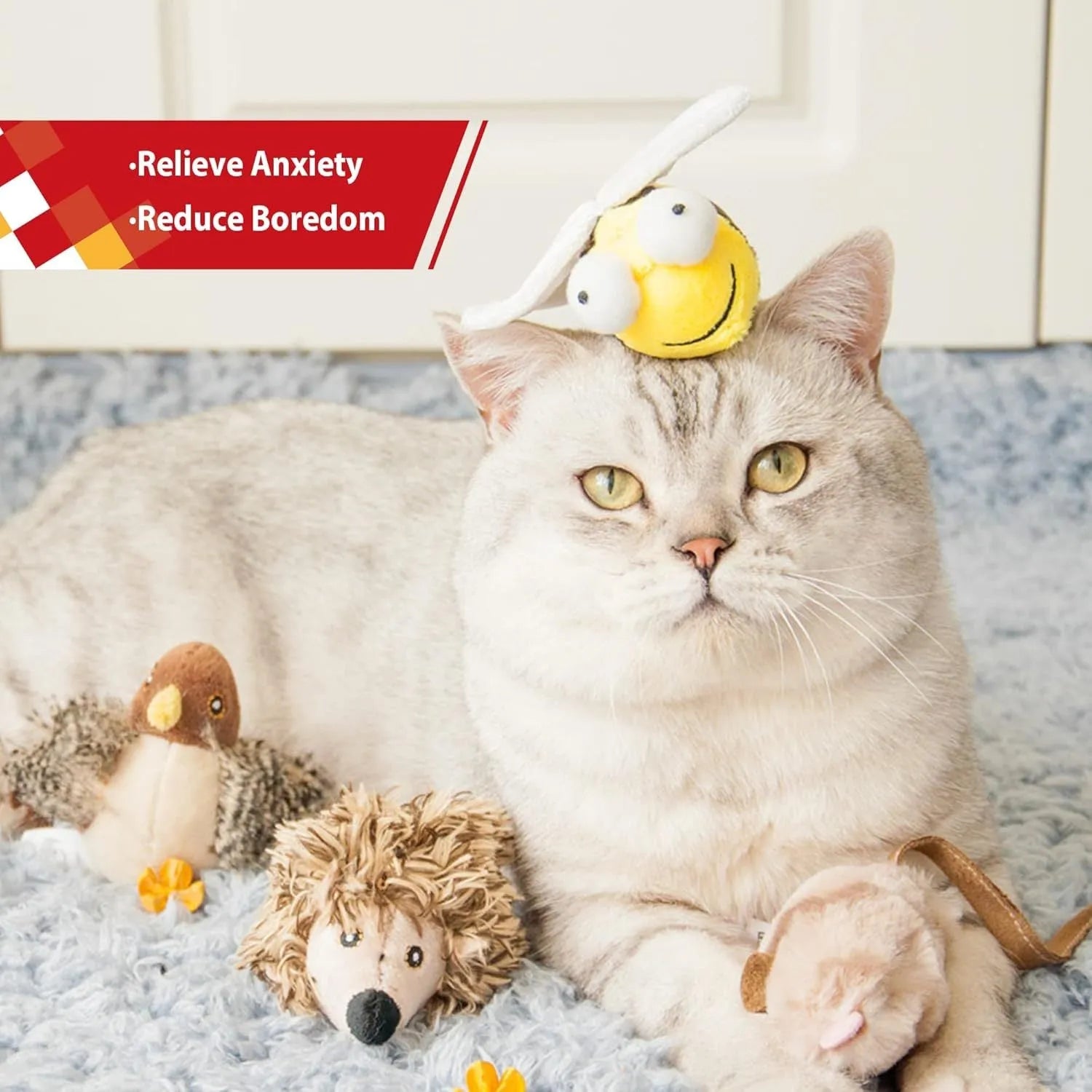 Yellow bee-shaped flannelette cat toy that chirps when touched, for indoor play.