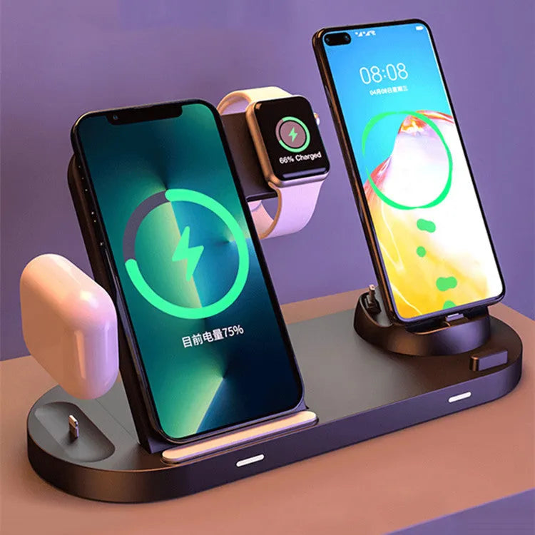 Black multifunctional wireless charger base plate with foldable design on a desk