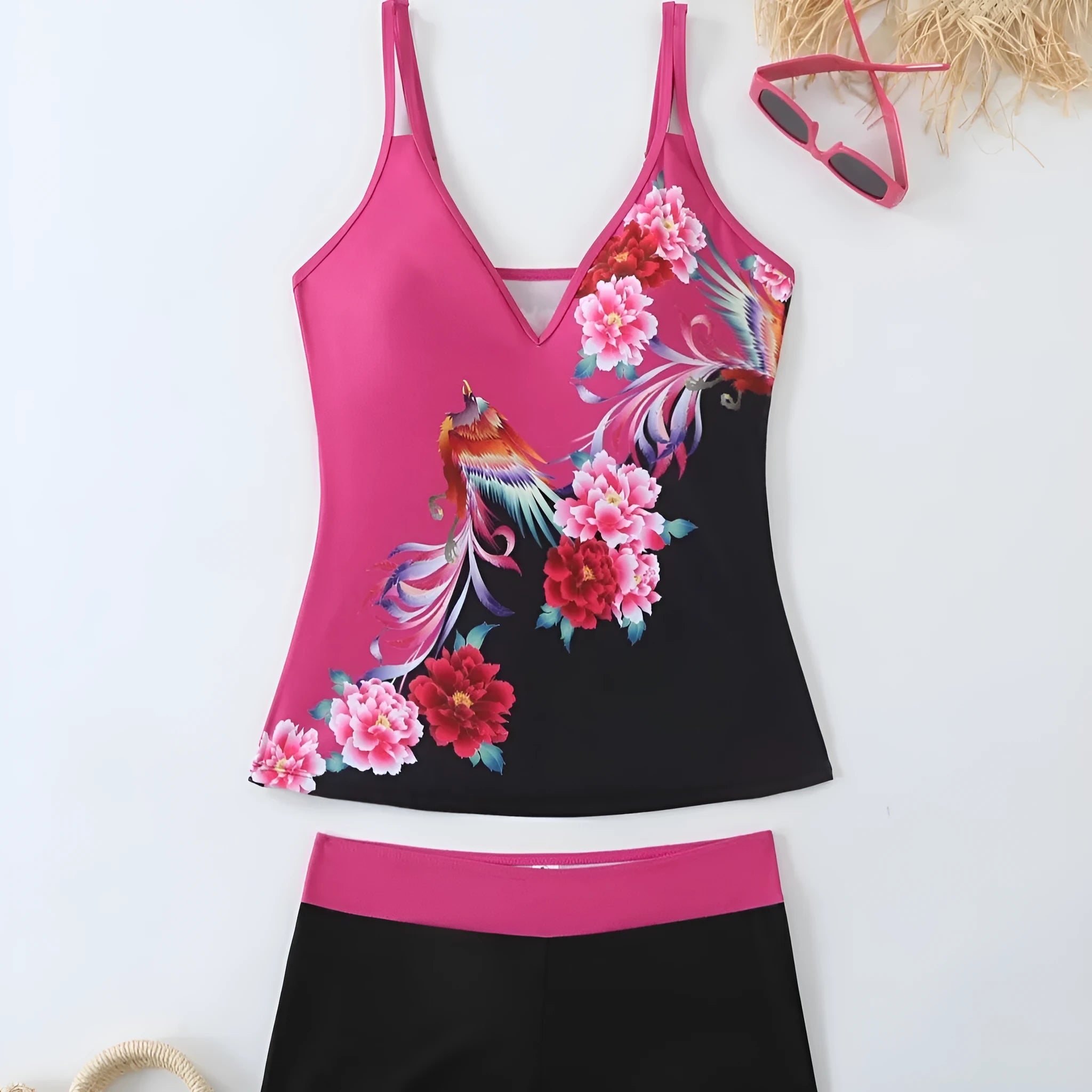 Plus size women's printed two-piece swimsuit in black or rose red with briefs style.