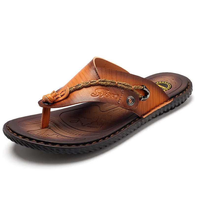 Men's non-slip casual slippers in black PU leather, showing sole tread and lightweight design.