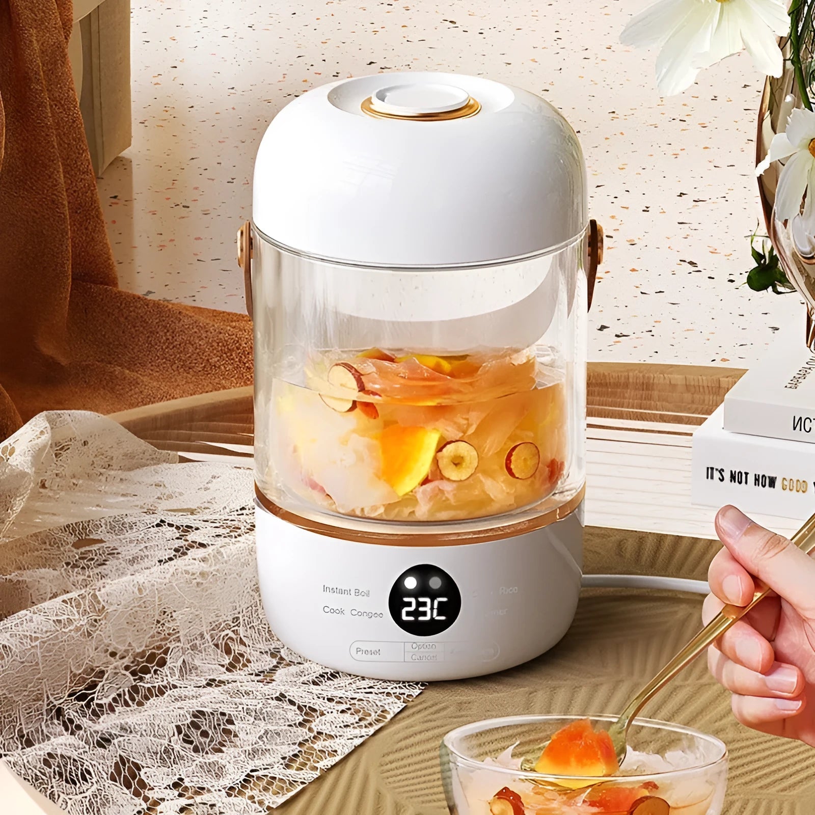 Smart electric stew cooker with glass liner in transparent or invisible version options