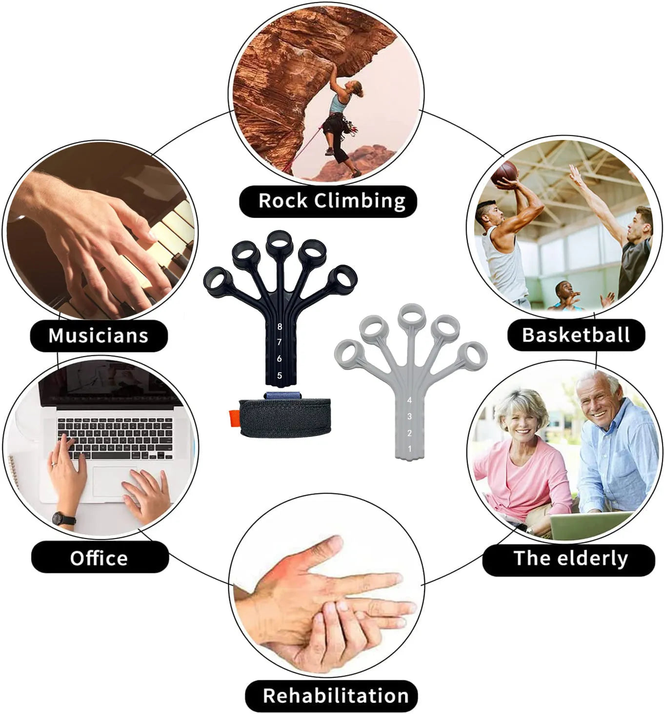 Silicone finger flexion and extension rehabilitation trainer with adjustable strap in black or grey.