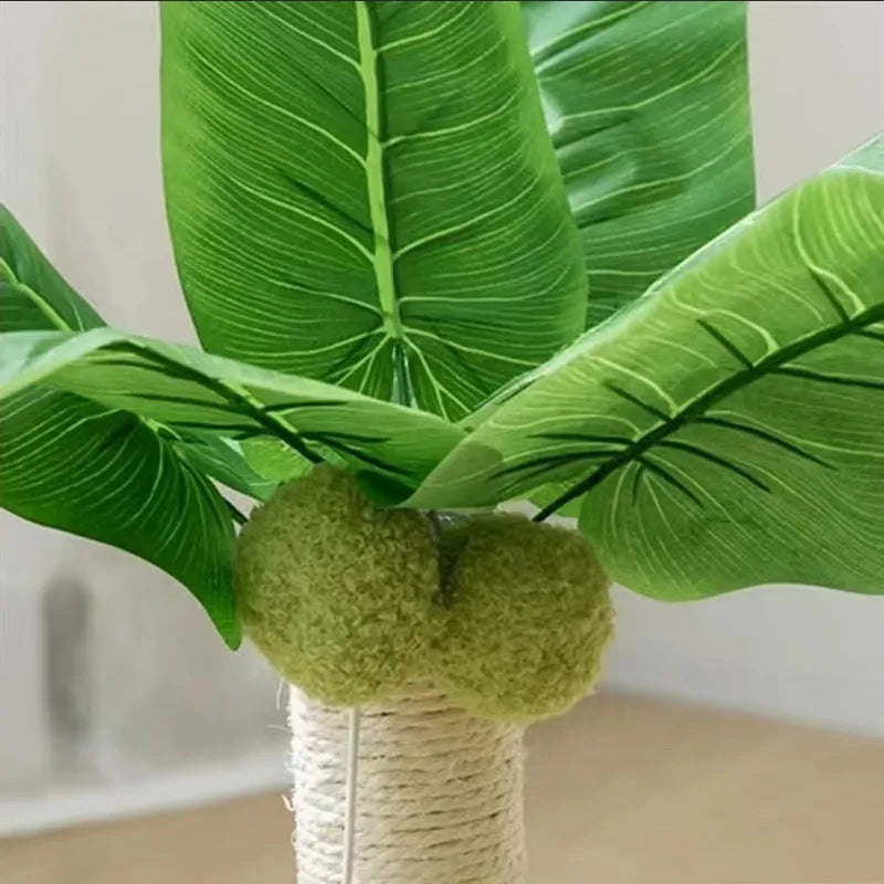 Emerald green cat tree with sisal rope column and long pile cloth leaf perch on particle board base