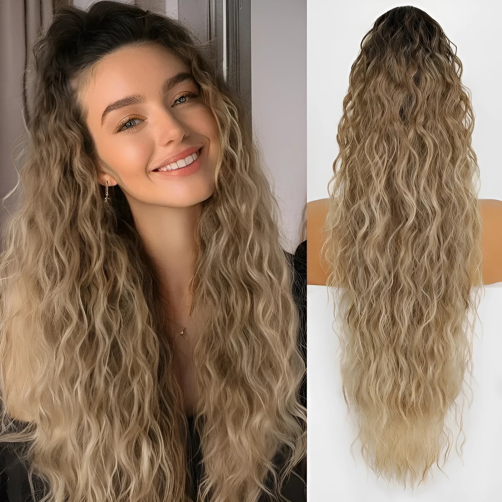 Long curly synthetic ponytail wig in a fluffy horse tail style, 30 inches in length.
