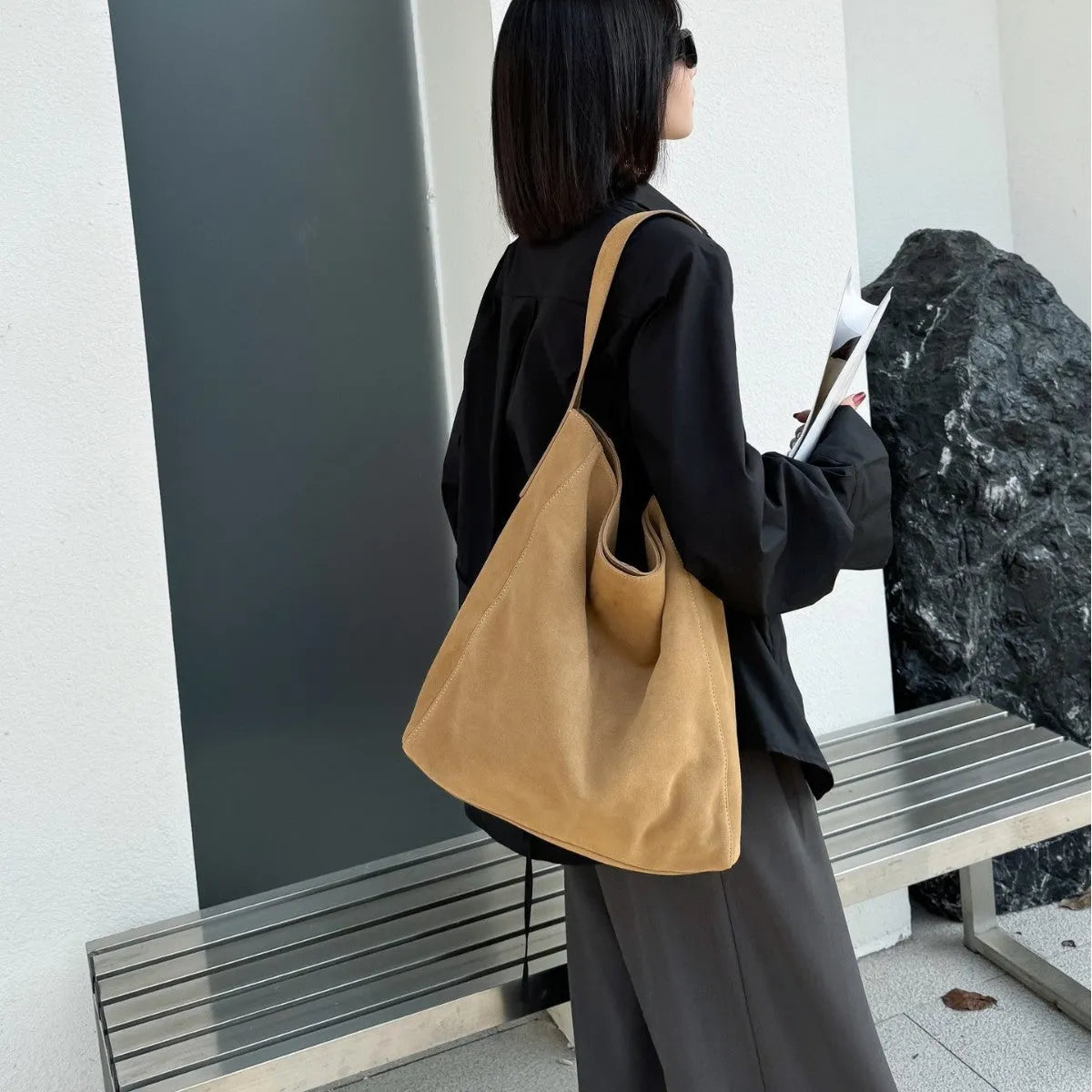 Women's minimalist loose suede shoulder bag in bucket shape, genuine leather, retro European style, 33x10x37cm