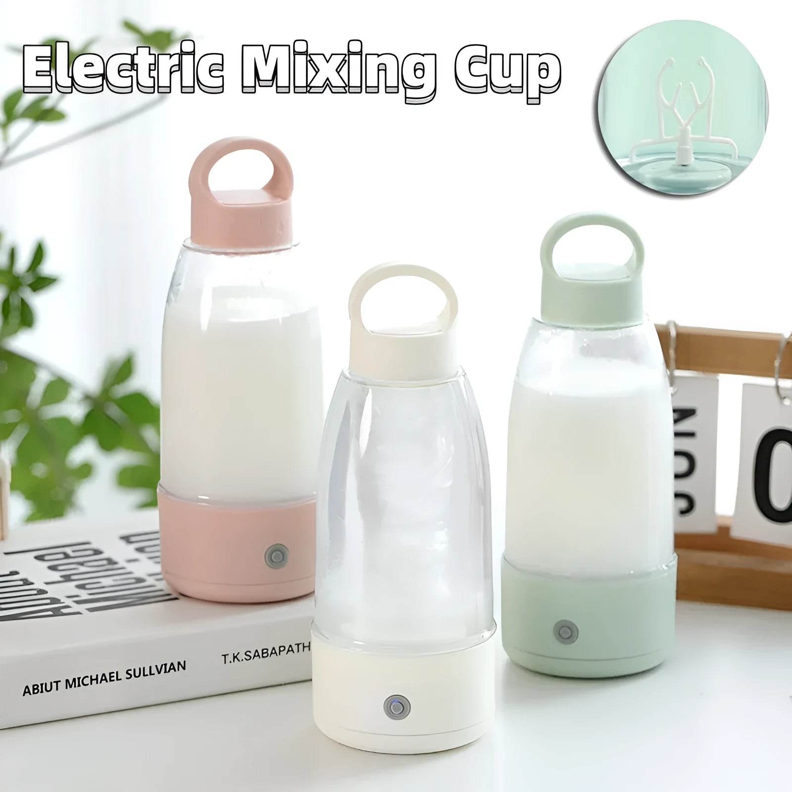 Automatic electric shaker bottle with USB charging port, handle, and lid in green, pink, or white.