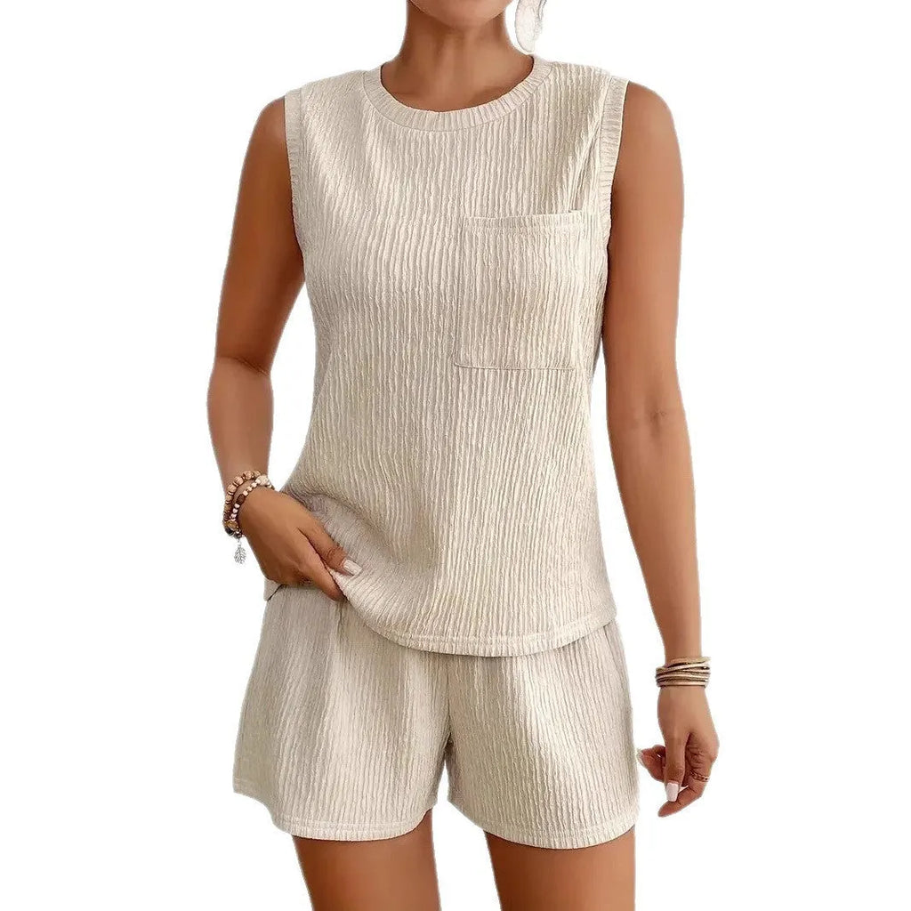 Women's apricot sleeveless vest and matching shorts two-piece set