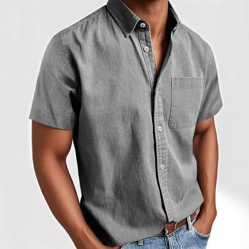 Men's loose fit short sleeve cardigan-style shirt in a cotton blend fabric, shown in a neutral colour.