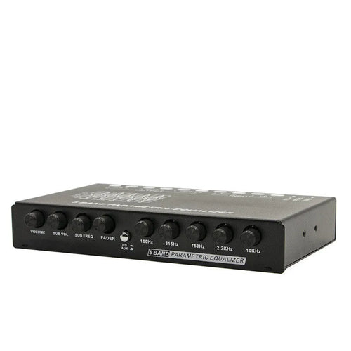Black car audio equaliser amplifier unit with control knobs for 6-channel output and subwoofer tuning.