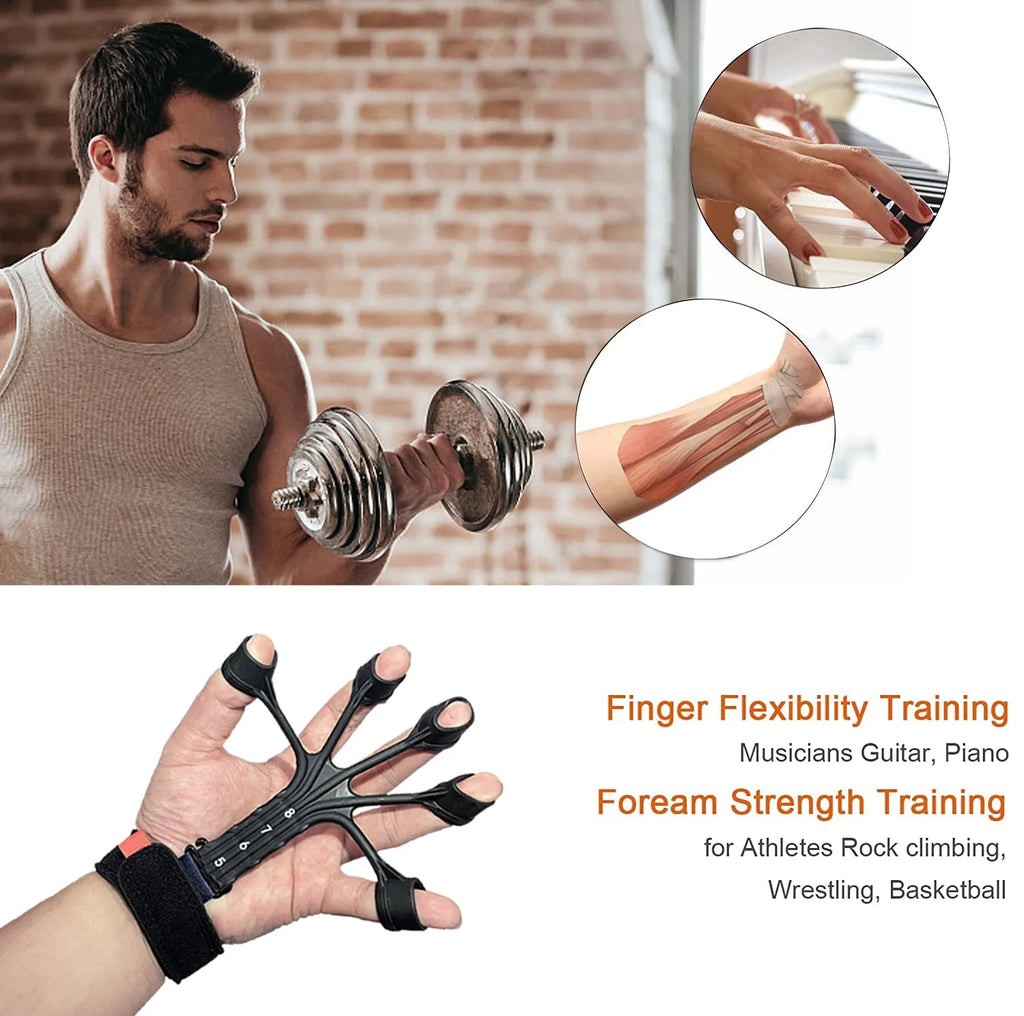 Silicone finger flexion and extension rehabilitation trainer with adjustable strap in black or grey.