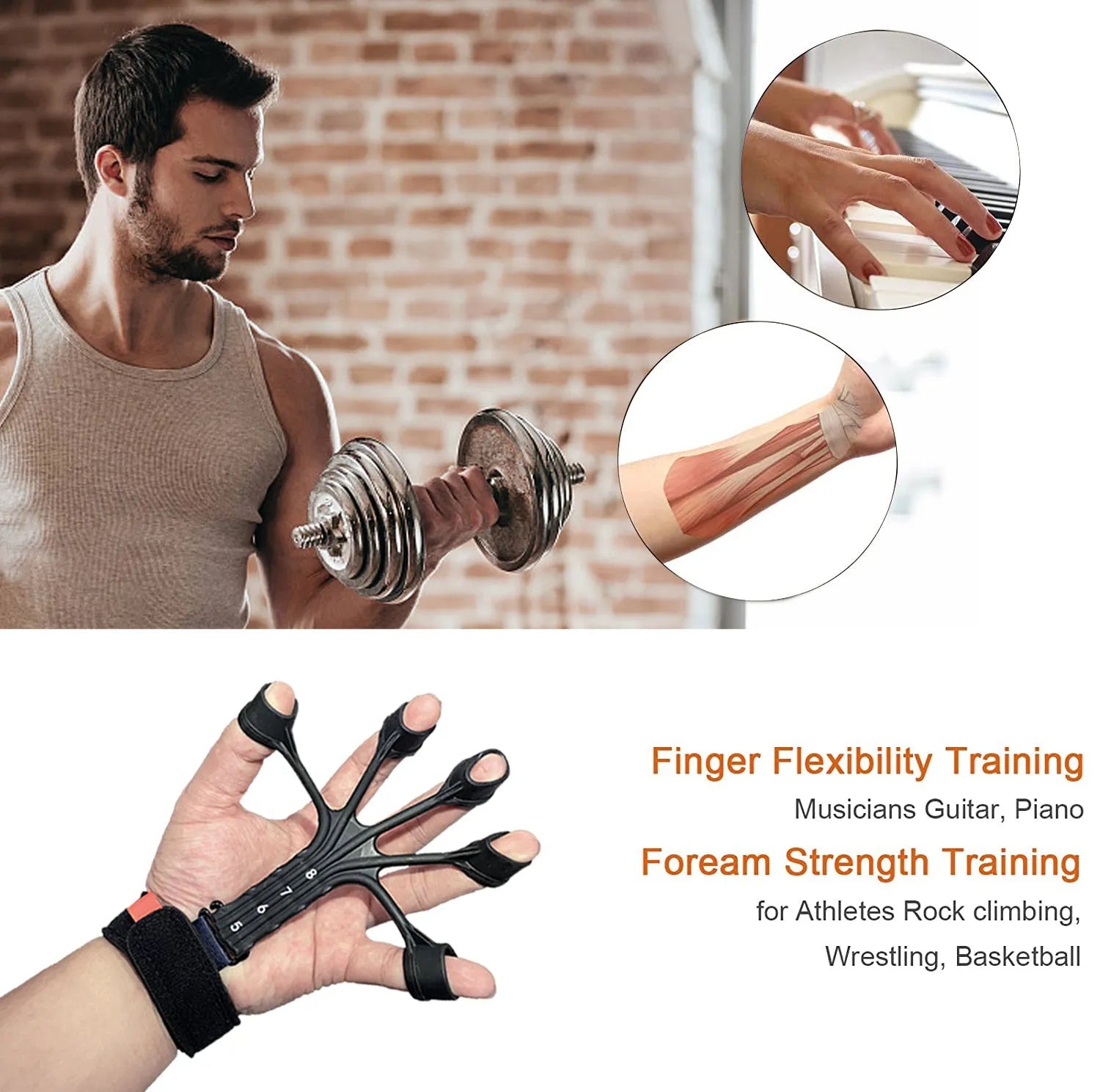 Silicone finger flexion and extension rehabilitation trainer with adjustable strap in black or grey.