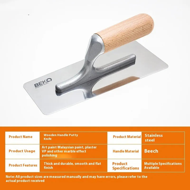 Stainless steel putty scraper with wooden handle shown in three blade sizes for floor and wall finishing