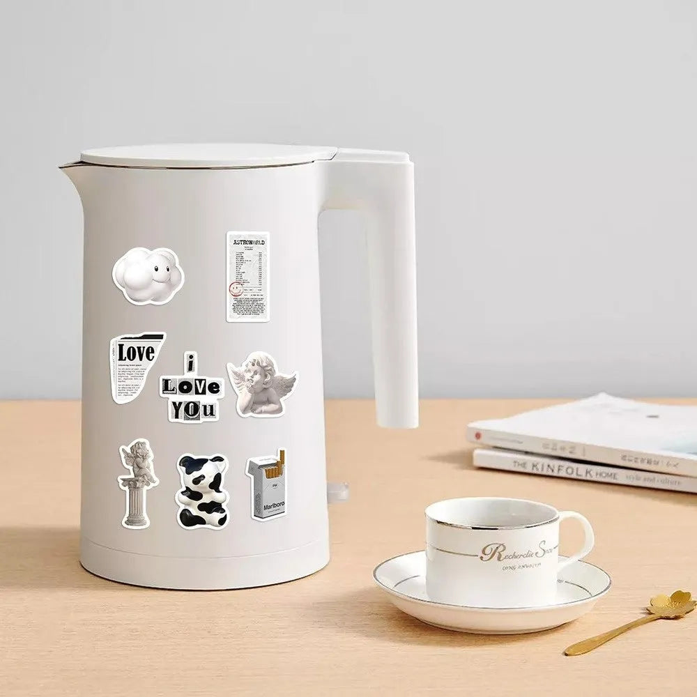 61 black and white coffee and tea themed PVC vinyl stickers for decoration.