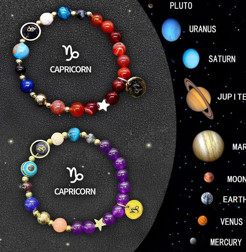 Set of twelve natural stone beaded bracelets, each representing a different zodiac sign.