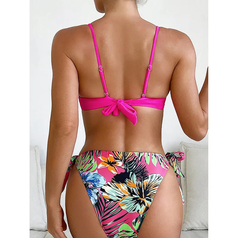 Rose red women's bikini swimsuit with a braided rope design detail on a mannequin.