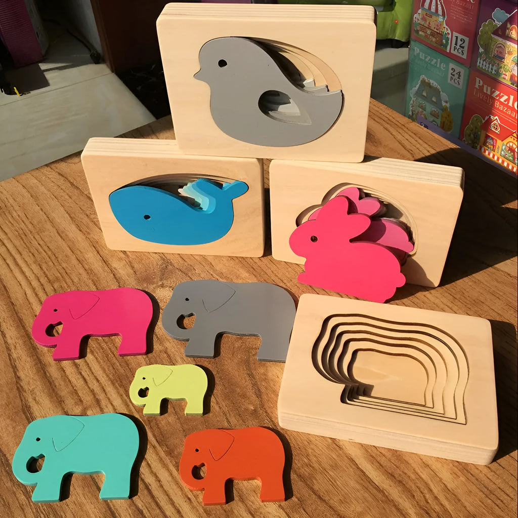 Wooden multi-layer big animal puzzle for children aged 4-6, 11 x 15cm, in rabbit, whale, bird or elephant design