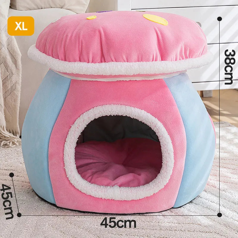 Mushroom-shaped cat bed with detachable plush blanket in grey, pink or purple colour