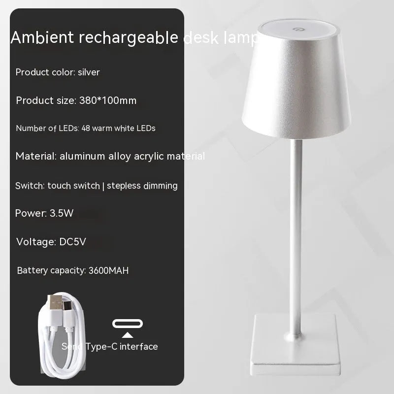 Charging bar table lamp with touch dimming, aluminium alloy and acrylic, warm light, 380x100mm
