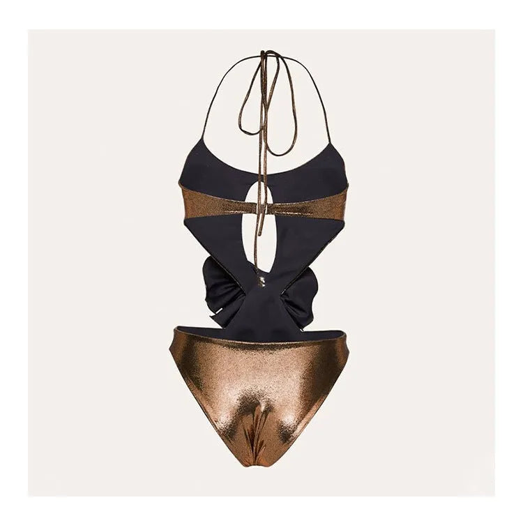 Gold halter one-piece swimsuit with hollow out design on mannequin