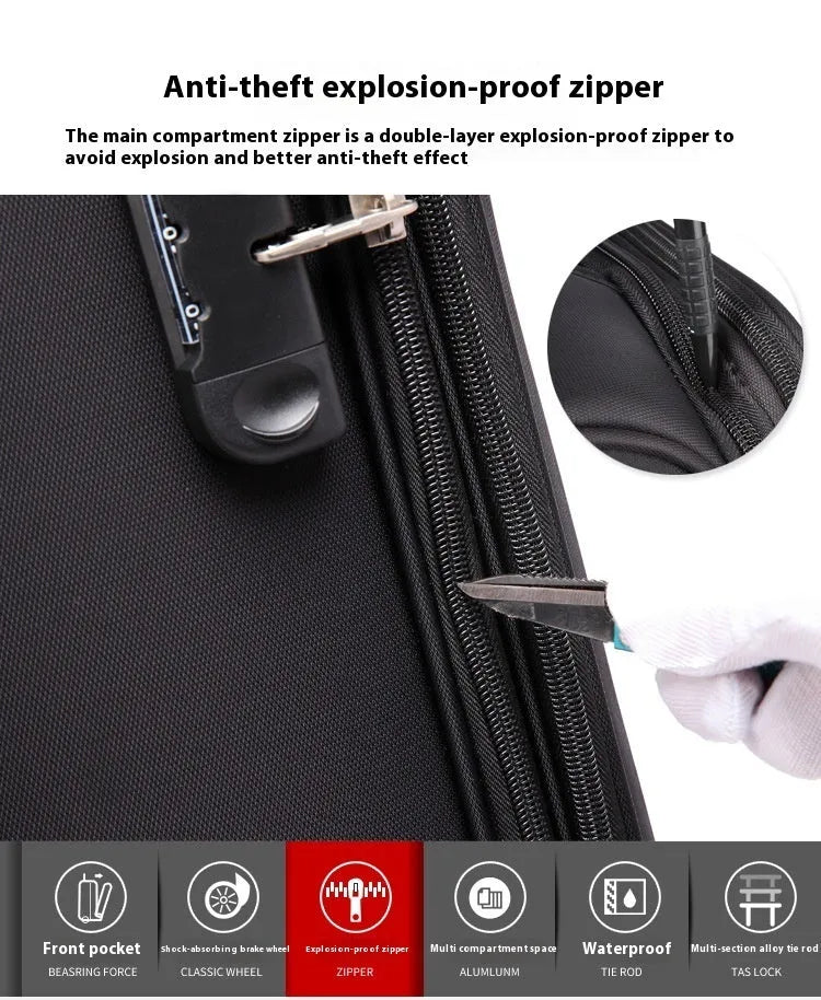 Black 18-inch Oxford cloth carry-on suitcase with retractable handle and four spinner wheels on airport floor.