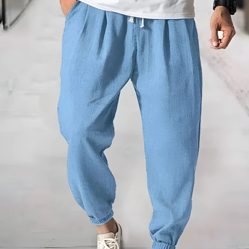 Men's casual cotton ankle banded summer pants in loose fit showing colour options