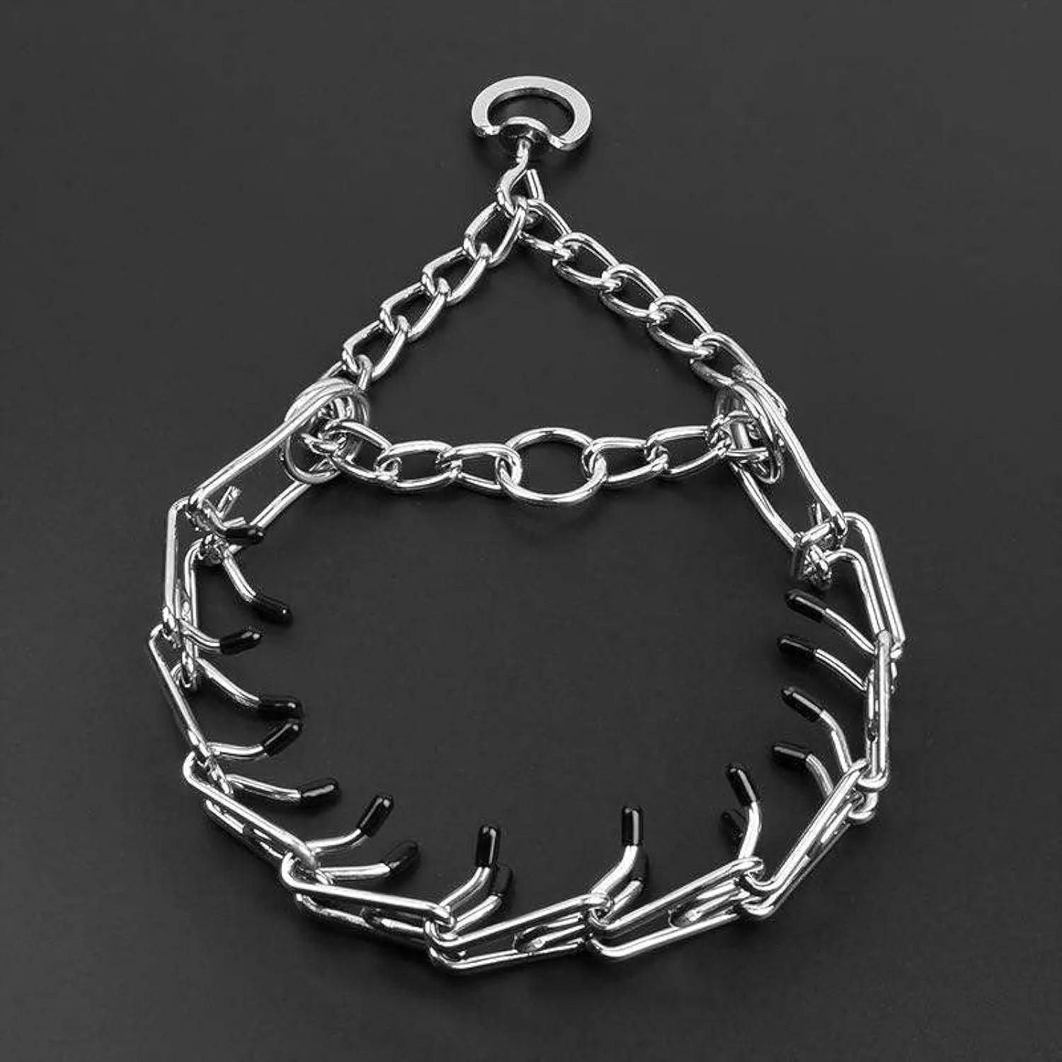 Stainless steel dog training pinch collar with rubber comfort tips on adjustable chain links