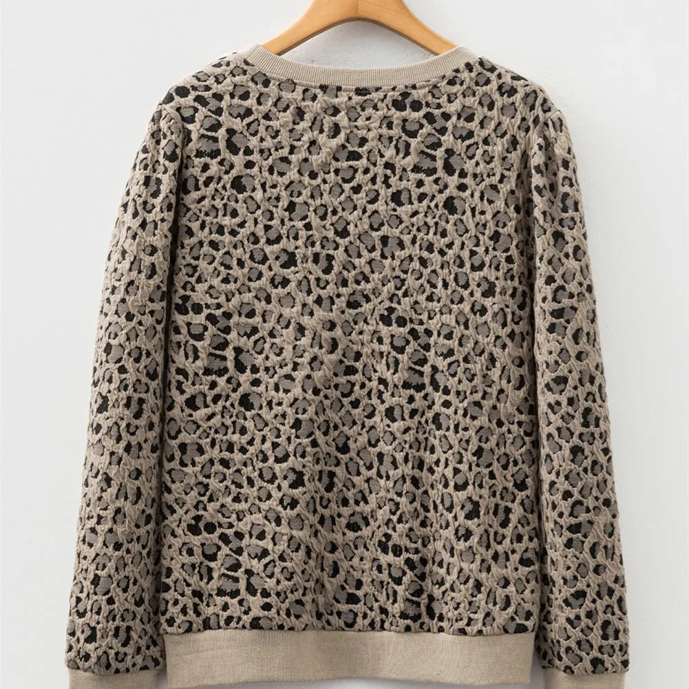 Women's leopard print slim fit pullover top, gray and khaki colour options