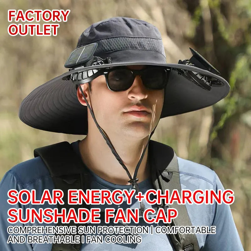 Men's beige solar-powered fan hat for fishing and outdoor sun protection
