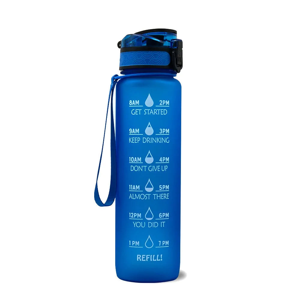 1000ml food-grade plastic sports water bottle, 29.5cm tall, in gradient blue-green colour.