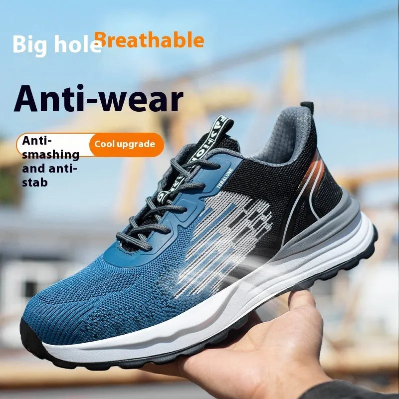 Blue men's low-top safety work shoes with mesh upper, lace closure, and protective toe cap.