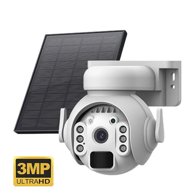 Solar-powered 3MP security camera with night vision in white, black or camouflage finishes