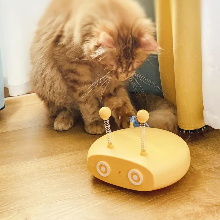 Electric cat interactive toy robot with blue body, wagging tail, and front pointer cat toy