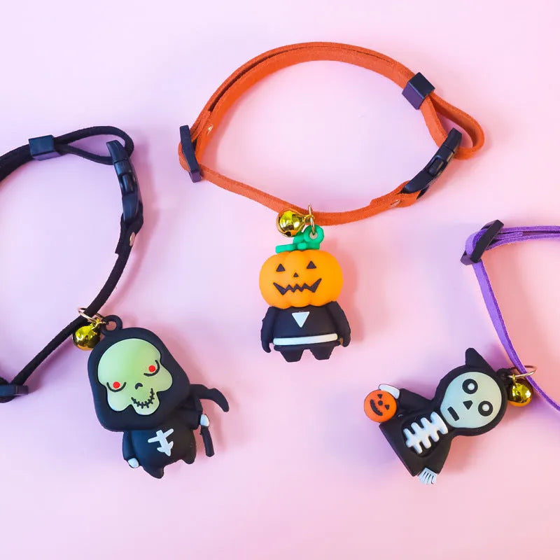 Halloween dog collar decoration in cartoon design, showing adjustable sizing on a model.