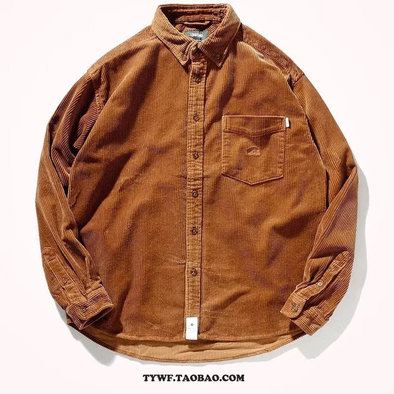 Long sleeve loose fit caramel corduroy Hong Kong style cardigan shirt laid flat